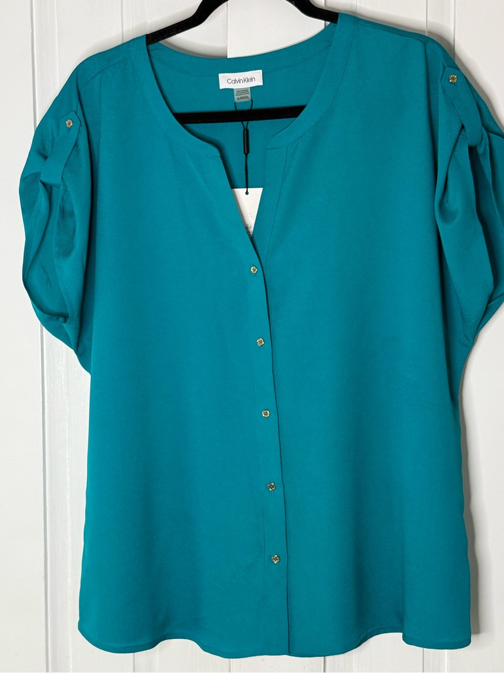 Calvin Klein NWT Teal Short Sleeve Gold Button Front Blouse - XL
